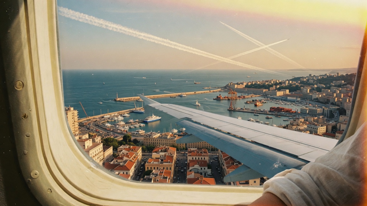 Airplane window on approach over a harbor city.