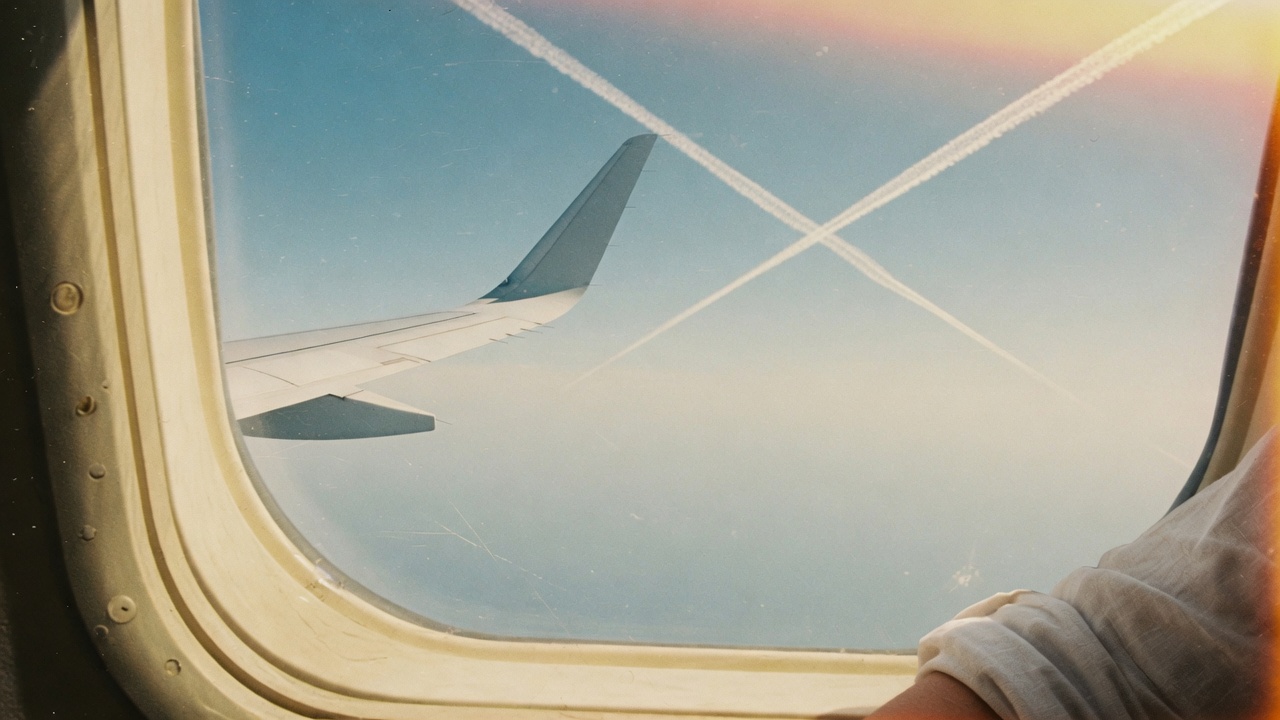 Airplane window, crossed contrails in a pale sky.