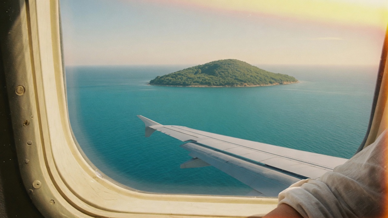 Airplane window over sea and a distant island.