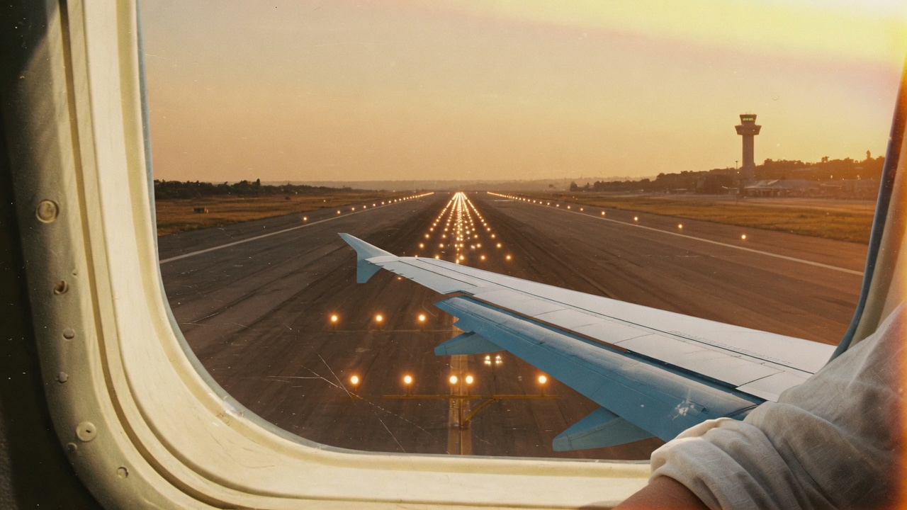 Taxiing: runway lights from the window at golden hour.