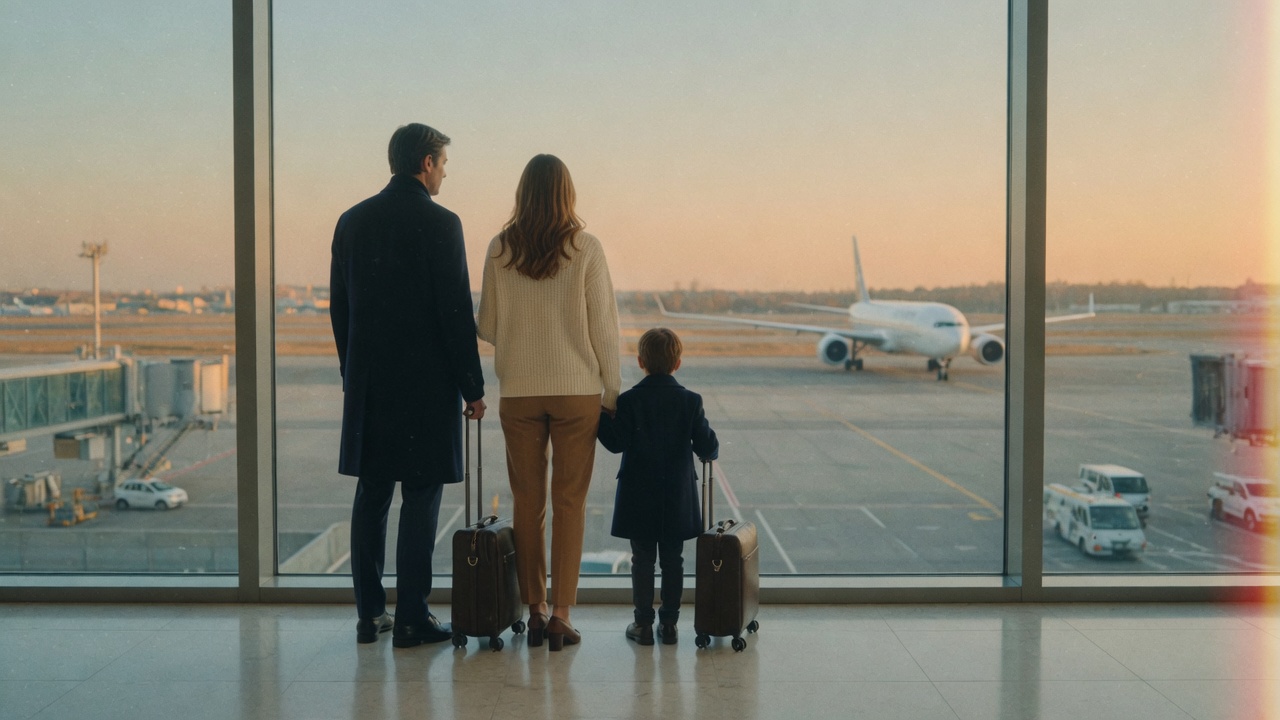 A family at the airport window, watching a jet on the tarmac.