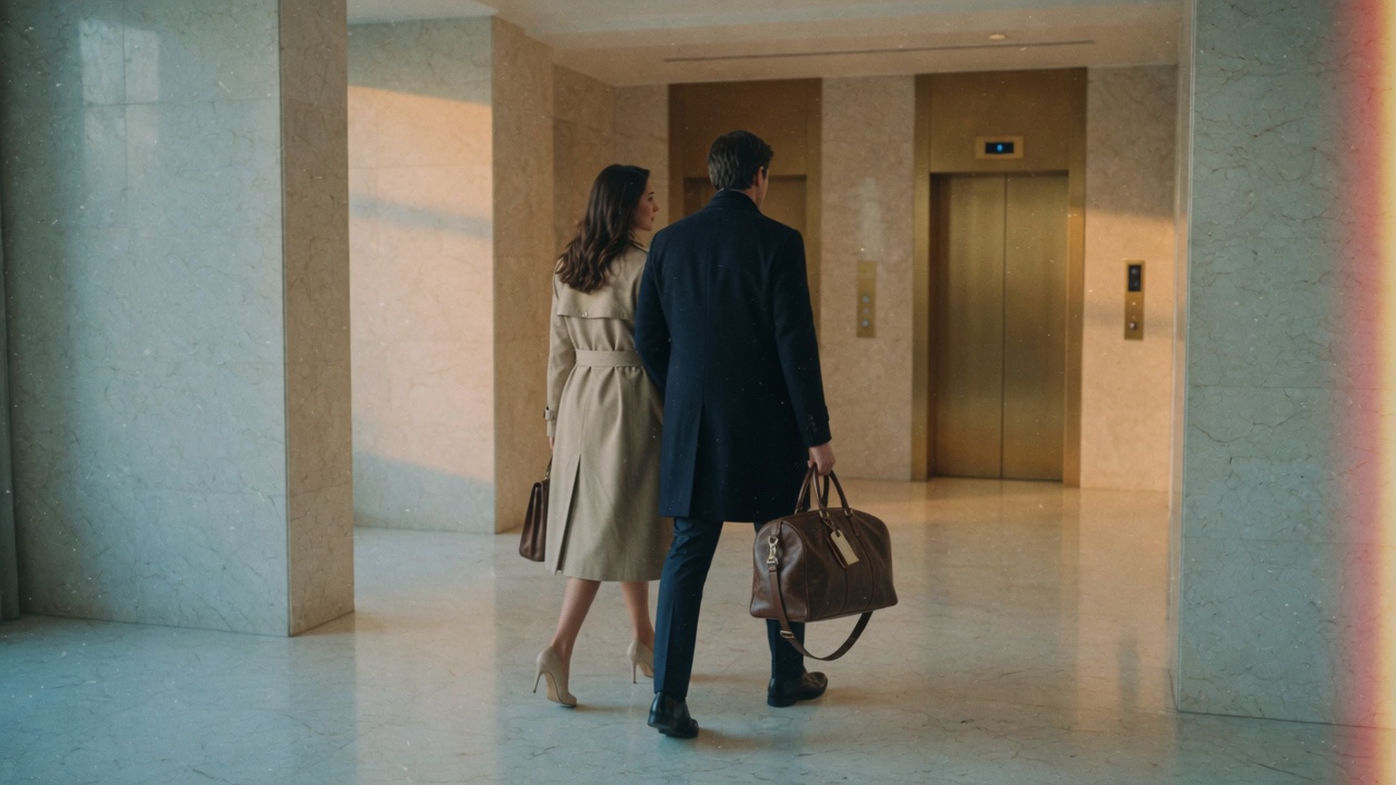 A couple walking through a quiet luxury hotel lobby.