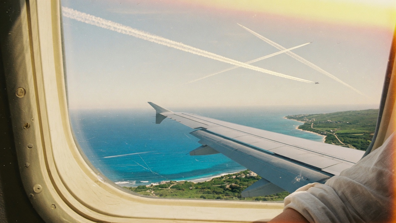 From an airplane window: a wing over a green coast, crossed contrails in analog film grain.