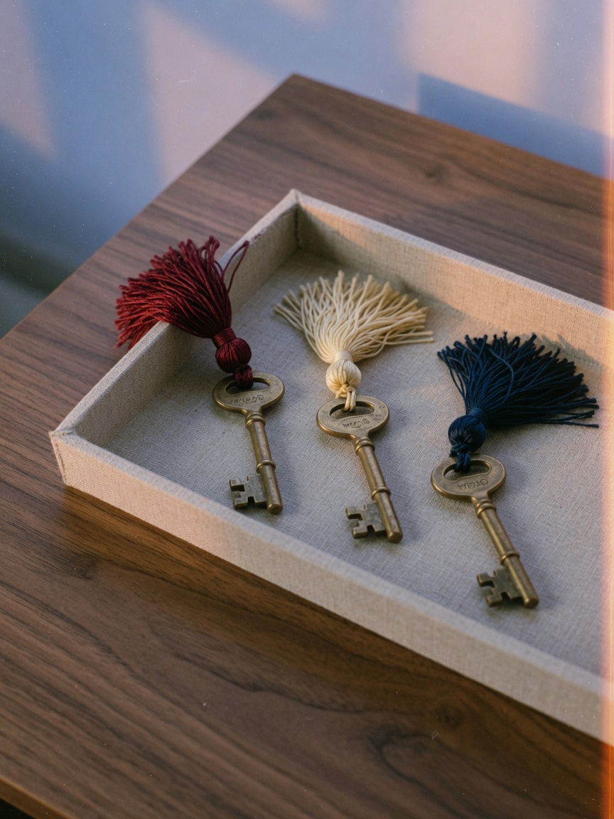 Three brass hotel keys with burgundy, cream, and navy tassels.